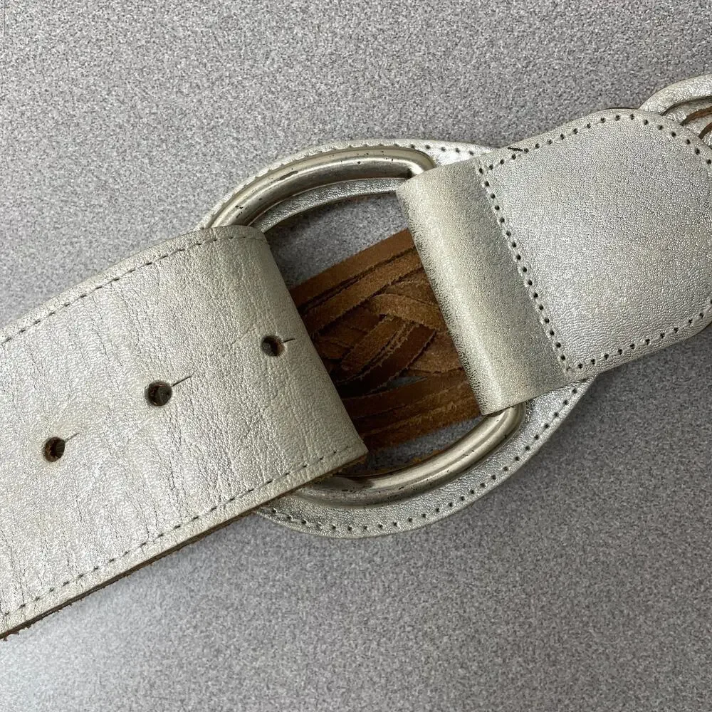 Chicos Woven Leather Belt Womens Small Metallic Silver D Ring Buckle Wide Boho